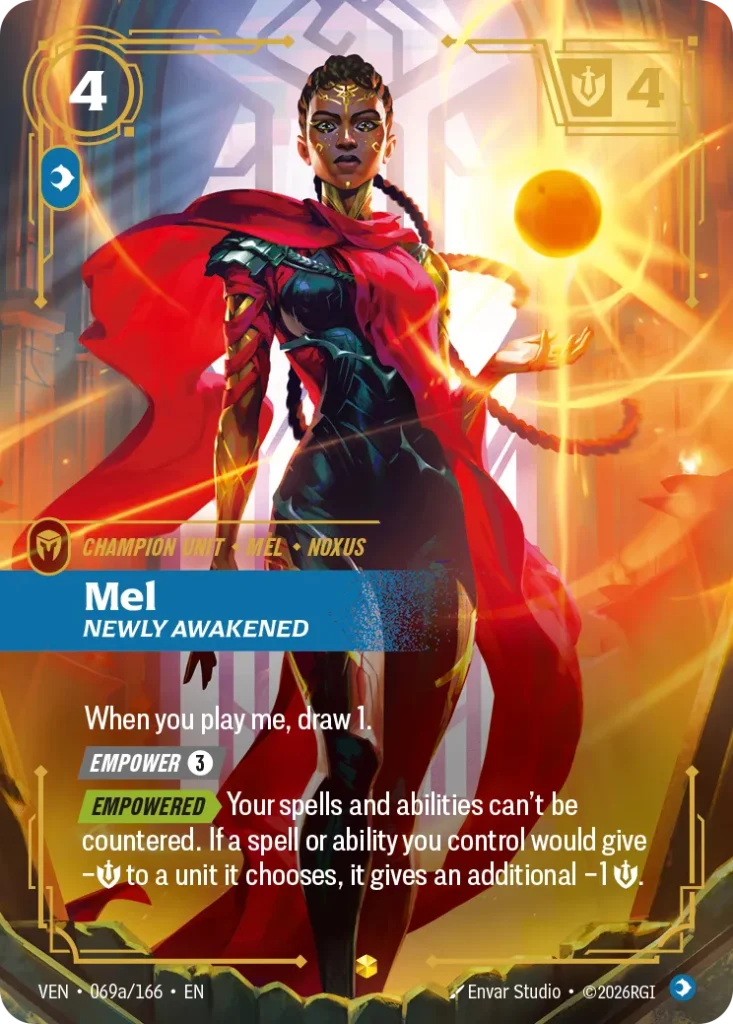 Karta Riftbound: Mel, Newly Awakened (Alternate Art) — Unit, kolor Mind, dodatek Vendetta. Ilustracja: Envar Studio. Opis karty: When you play me, draw 1. Empower 3⚡ Empowered > Your spells and abilities can't be countered. If a spell or