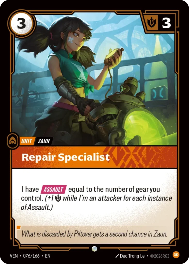 Karta Riftbound: Repair Specialist — Unit, kolor Body, dodatek Vendetta. Ilustracja: Dao Trong Le. Opis karty: I have Assault equal to the number of gear you control. (+1 💪 while I'm an attacker for each instance of Assault.)