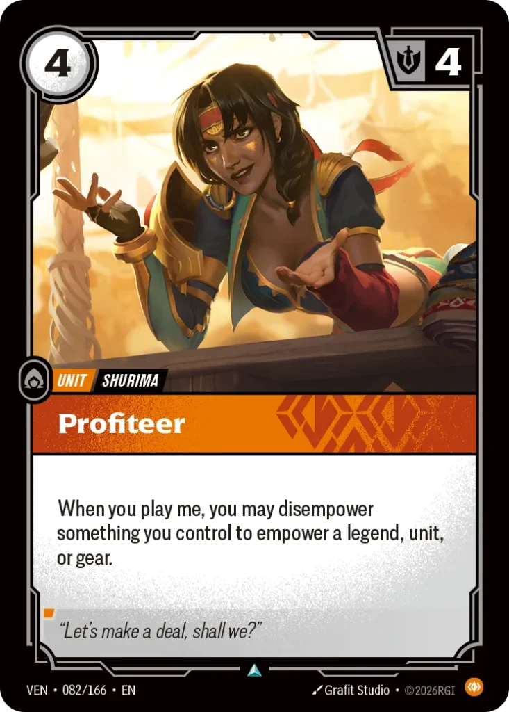 Karta Riftbound: Profiteer — Unit, kolor Body, dodatek Vendetta. Ilustracja: Grafit Studio. Opis karty: When you play me, you may disempower something you control to empower a legend, unit, or gear.