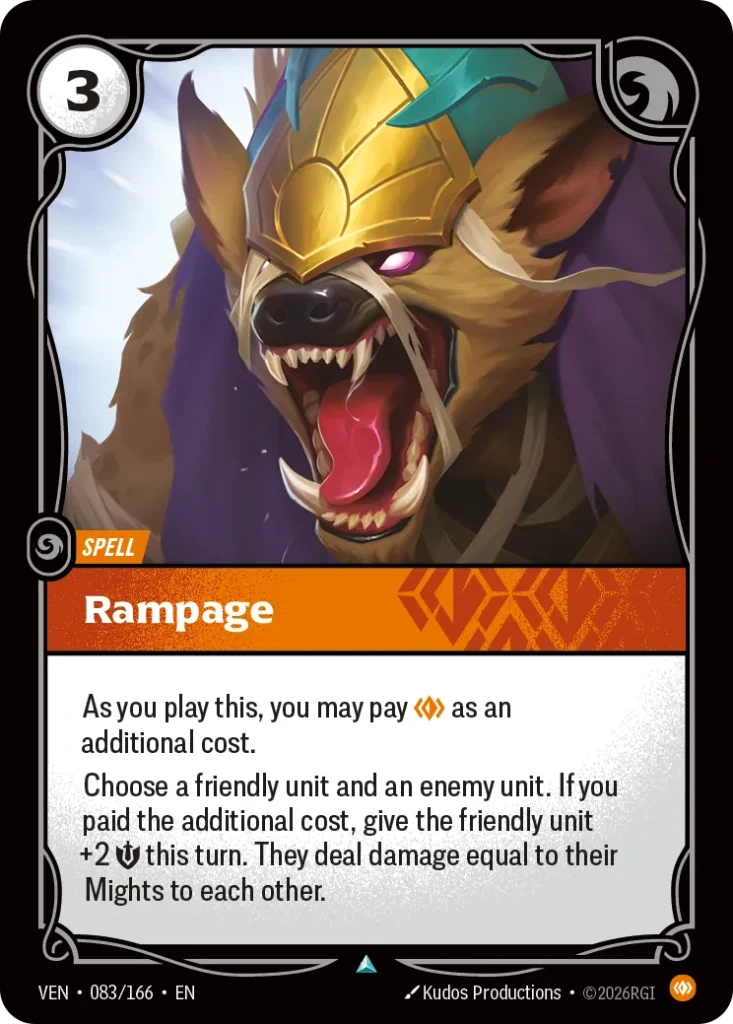 Karta Riftbound: Rampage — Spell, kolor Body, dodatek Vendetta. Ilustracja: Kudos Productions. Opis karty: As you play this, you may pay as an additional cost.Choose a friendly unit and an enemy unit. If you paid the additional cost, give t
