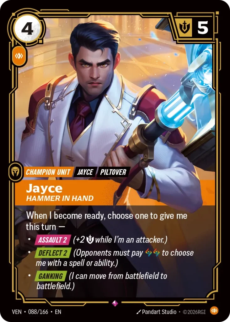 Karta Riftbound: Jayce, Hammer in Hand — Unit, kolor Body, dodatek Vendetta. Ilustracja: League of Legends. Opis karty: When I become ready, choose one to give me this turn — Assault 2 (+2 💪 while I'm an attacker.) Deflect 2 (Opponents must