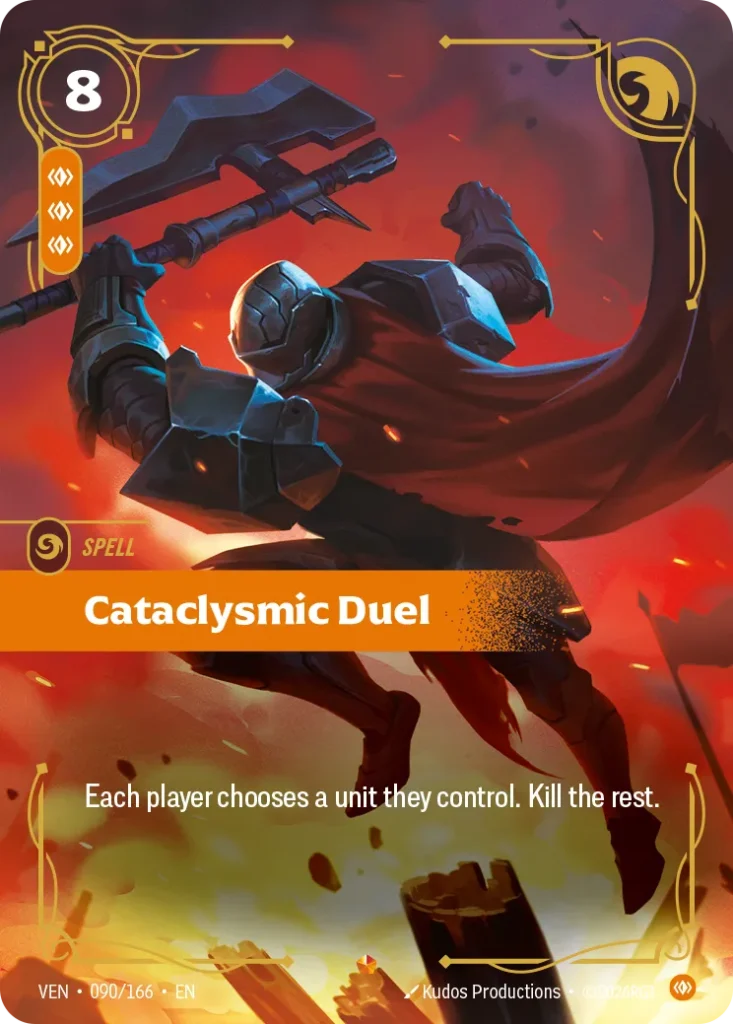 Karta Riftbound: Cataclysmic Duel — Spell, kolor Body, dodatek Vendetta. Ilustracja: Kudos Productions. Opis karty: Each player chooses a unit they control. Kill the rest.
