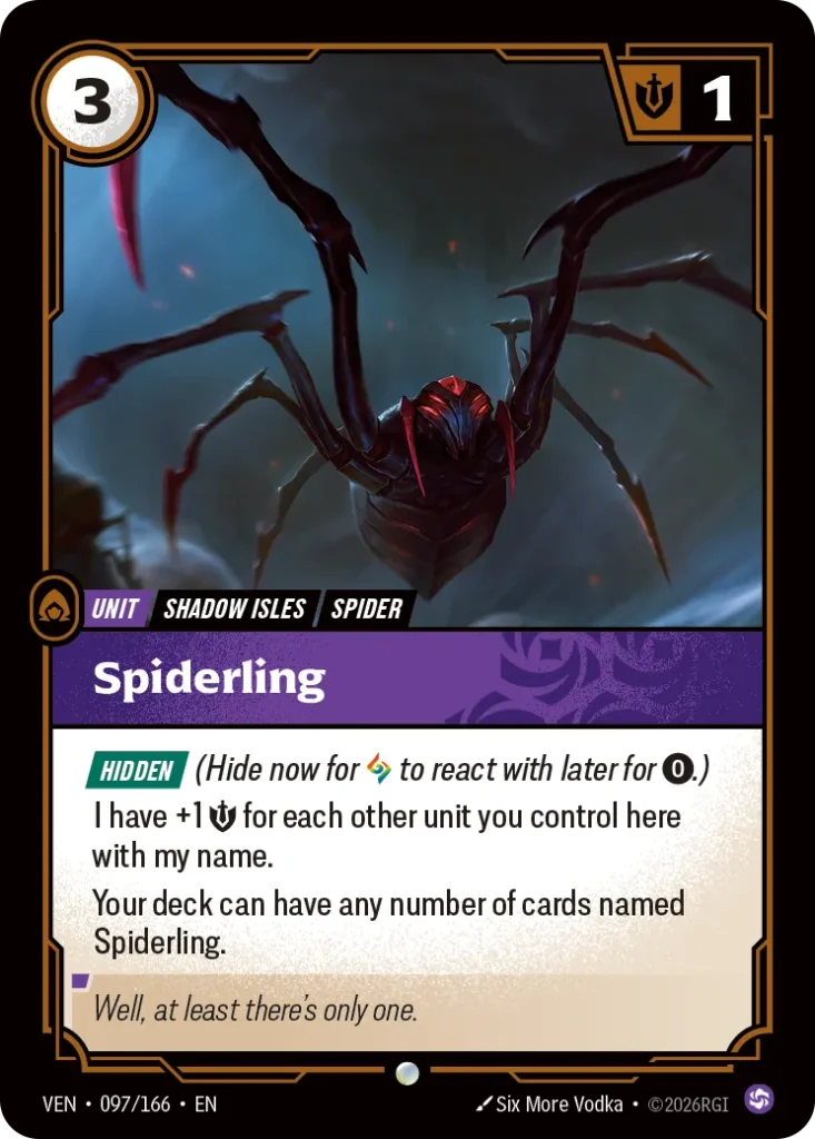 Karta Riftbound: Spiderling — Unit, kolor Chaos, dodatek Vendetta. Ilustracja: Six More Vodka. Opis karty: Hidden (Hide now for to react with later for 0⚡.)I have +1 💪 for each other unit you control here with my name.Your deck can have any
