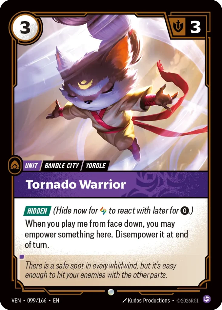 Karta Riftbound: Tornado Warrior — Unit, kolor Chaos, dodatek Vendetta. Ilustracja: Kudos Productions. Opis karty: Hidden (Hide now for to react with later for 0⚡.)When you play me from face down, you may empower something here. Disempower 