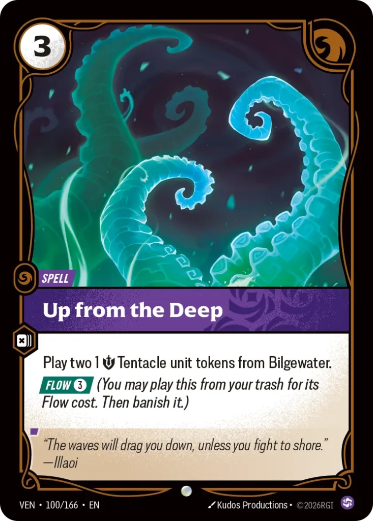 Karta Riftbound: Up from the Deep — Spell, kolor Chaos, dodatek Vendetta. Ilustracja: Kudos Productions. Opis karty: Play two 1 💪 Tentacle unit tokens from Bilgewater. Flow 3⚡ (You may play this from your trash for its Flow cost. Then banis