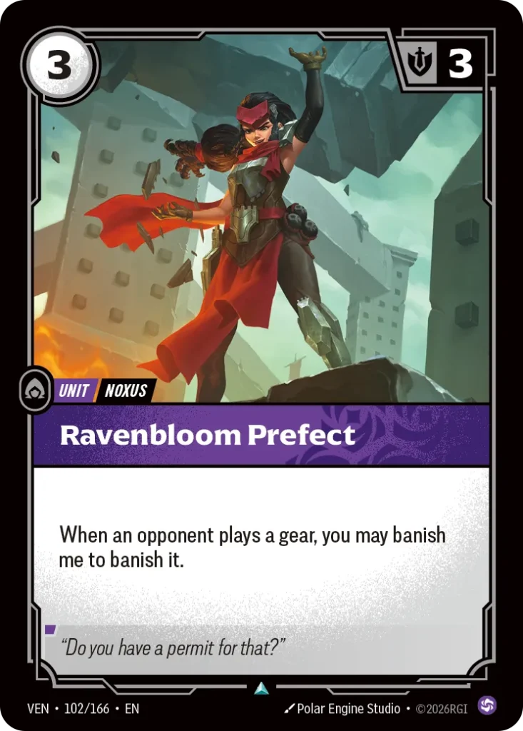 Karta Riftbound: Ravenbloom Prefect — Unit, kolor Chaos, dodatek Vendetta. Ilustracja: Polar Engine Studio. Opis karty: When an opponent plays a gear, you may banish me to banish it.