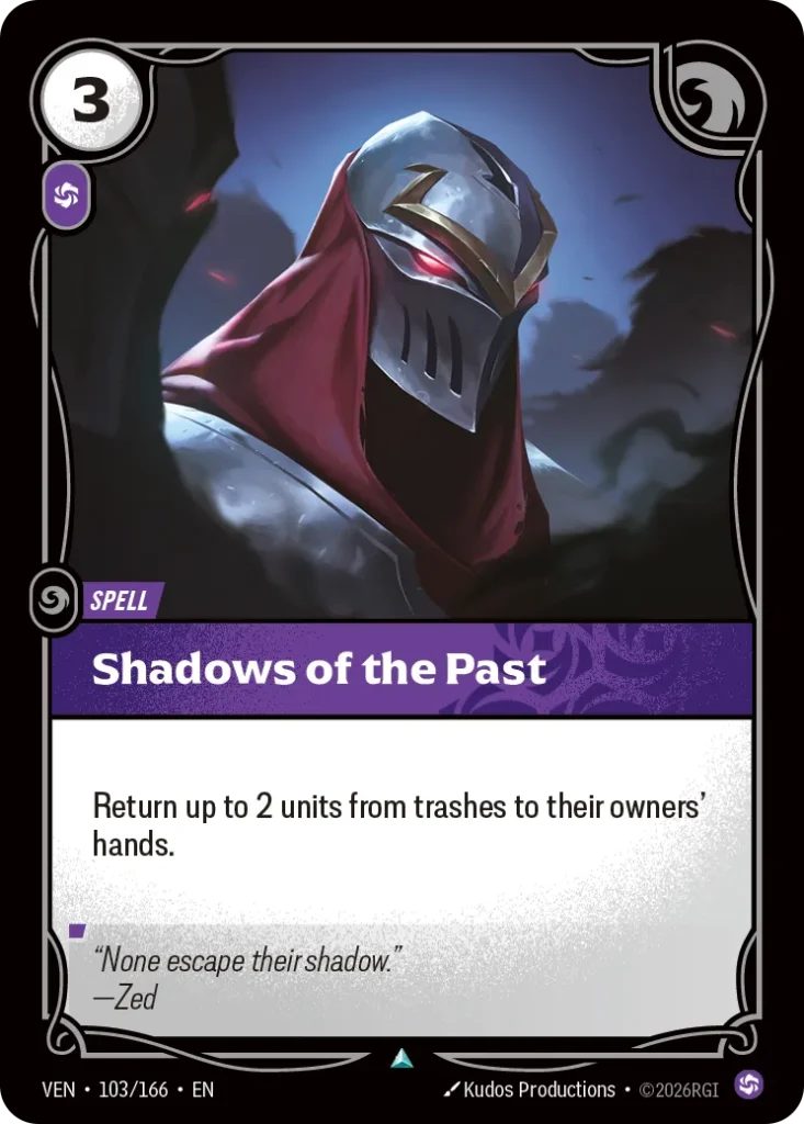 Karta Riftbound: Shadows of the Past — Spell, kolor Chaos, dodatek Vendetta. Ilustracja: Kudos Productions. Opis karty: Return up to 2 units from trashes to their owners' hands.