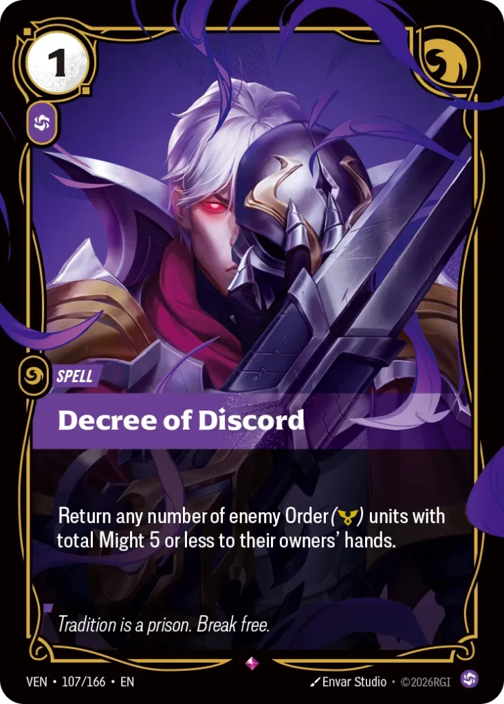 Karta Riftbound: Decree of Discord — Spell, kolor Chaos, dodatek Vendetta. Ilustracja: Envar Studio. Opis karty: Return any number of enemy Order () units with total Might 5 or less to their owners' hands.