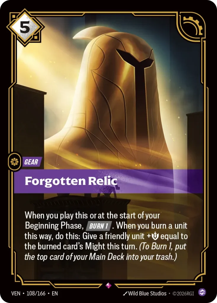 Karta Riftbound: Forgotten Relic — Gear, kolor Chaos, dodatek Vendetta. Ilustracja: Wild Blue Studios. Opis karty: When you play this or at the start of your Beginning Phase, Burn 1 . When you burn a unit this way, do this: Give a friendly 