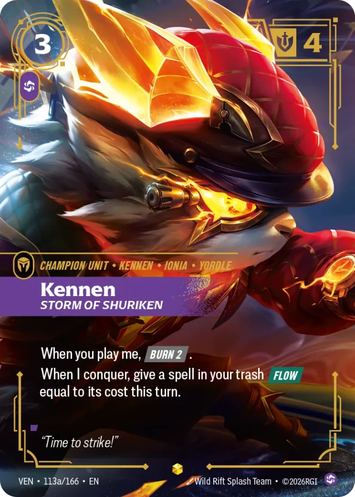 Karta Riftbound: Kennen, Storm of Shuriken — Unit, kolor Chaos, dodatek Vendetta. Ilustracja: Wild Rift Splash Team. Opis karty: When you play me, Burn 2 .When I conquer, give a spell in your trash Flow equal to its cost this turn.