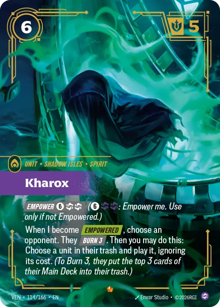 Karta Riftbound: Kharox — Unit, kolor Chaos, dodatek Vendetta. Ilustracja: Six More Vodka. Opis karty: Empower 6⚡ (6⚡: Empower me. Use only if not Empowered.)When I become Empowered , choose an opponent. They Burn 3 . Then you may do this: 