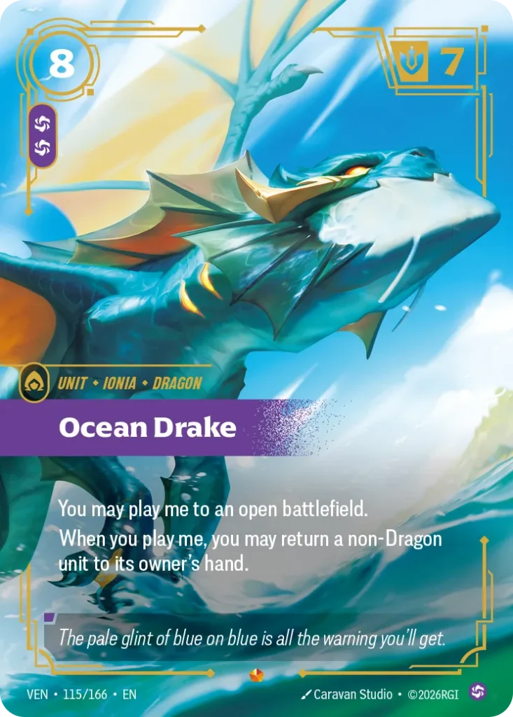 Karta Riftbound: Ocean Drake — Unit, kolor Chaos, dodatek Vendetta. Ilustracja: Caravan Studio. Opis karty: You may play me to an open battlefield.When you play me, you may return a non-Dragon unit to its owner's hand.