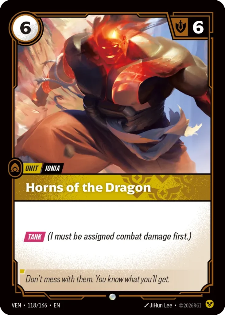Karta Riftbound: Horns of the Dragon — Unit, kolor Order, dodatek Vendetta. Ilustracja: JiHun Lee. Opis karty: Tank (I must be assigned combat damage first.)