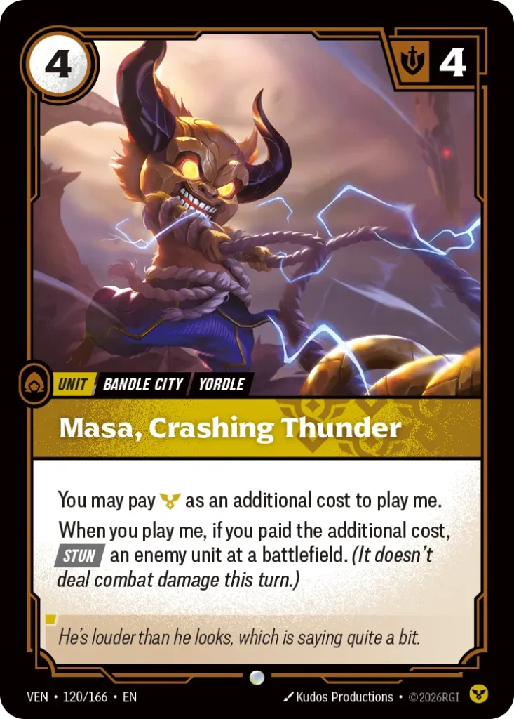 Karta Riftbound: Masa, Crashing Thunder — Unit, kolor Order, dodatek Vendetta. Ilustracja: Kudos Productions. Opis karty: You may pay as an additional cost to play me.When you play me, if you paid the additional cost, Stun an enemy unit at 