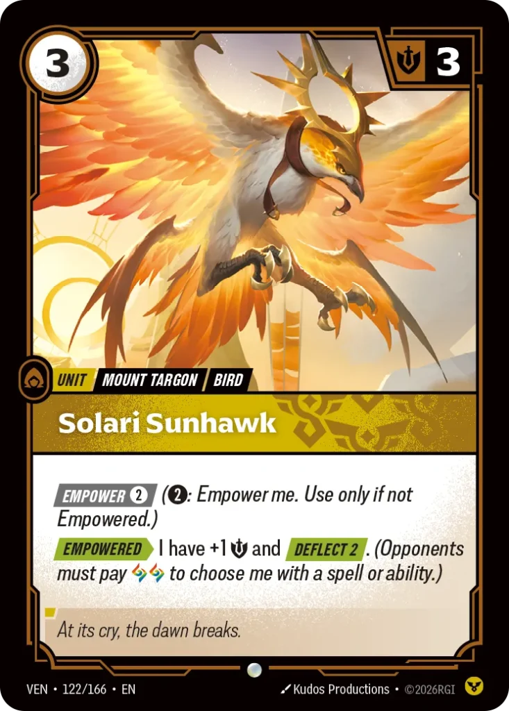 Karta Riftbound: Solari Sunhawk — Unit, kolor Order, dodatek Vendetta. Ilustracja: Kudos Productions. Opis karty: Empower 2⚡ (2⚡: Empower me. Use only if not Empowered.) Empowered > I have +1 💪 and Deflect 2 . (Opponents must pay to choo