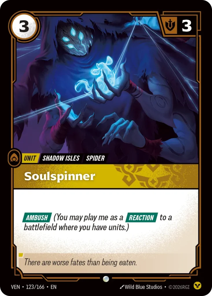 Karta Riftbound: Soulspinner — Unit, kolor Order, dodatek Vendetta. Ilustracja: Wild Blue Studios. Opis karty: Ambush (You may play me as a Reaction to a battlefield where you have units.)