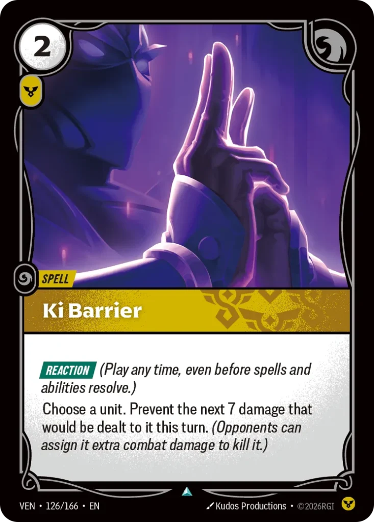 Karta Riftbound: Ki Barrier — Spell, kolor Order, dodatek Vendetta. Ilustracja: Kudos Productions. Opis karty: Reaction (Play any time, even before spells and abilities resolve.)Choose a unit. Prevent the next 7 damage that would be dealt t