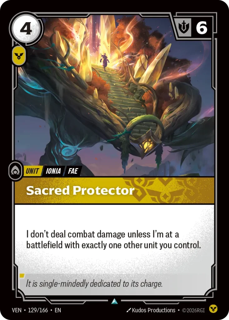 Karta Riftbound: Sacred Protector — Unit, kolor Order, dodatek Vendetta. Ilustracja: Kudos Productions. Opis karty: I don't deal combat damage unless I'm at a battlefield with exactly one other unit you control.