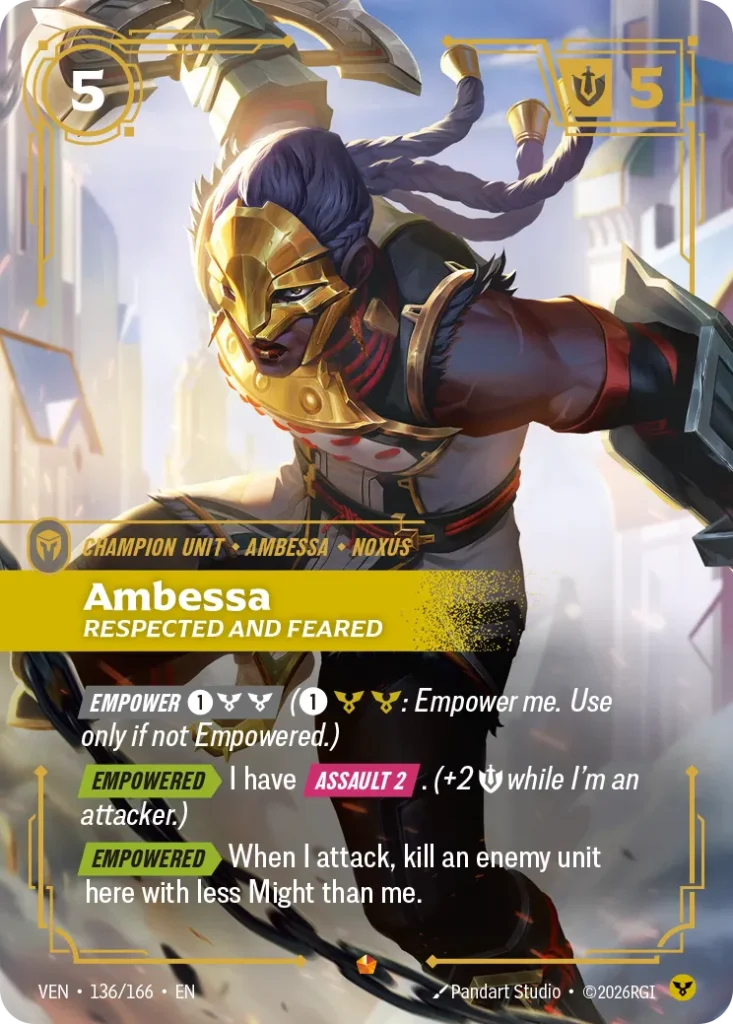 Karta Riftbound: Ambessa, Respected and Feared — Unit, kolor Order, dodatek Vendetta. Ilustracja: Pandart Studio. Opis karty: Empower 1⚡ (1⚡: Empower me. Use only if not Empowered.) Empowered > I have Assault 2 . (+2 💪 while I'm an attac