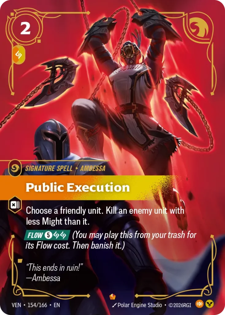 Karta Riftbound: Public Execution — Spell, kolor Body/Order, dodatek Vendetta. Ilustracja: Polar Engine Studio. Opis karty: Choose a friendly unit. Kill an enemy unit with less Might than it. Flow 5⚡ (You may play this from your trash for i