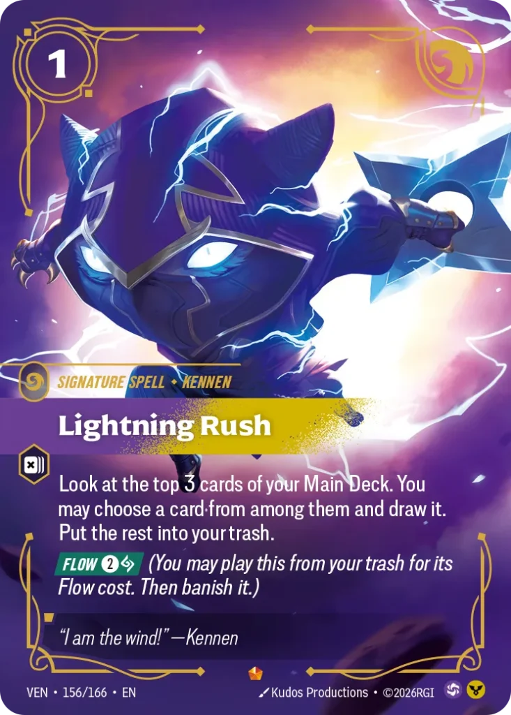 Karta Riftbound: Lightning Rush — Spell, kolor Order/Chaos, dodatek Vendetta. Ilustracja: Kudos Productions. Opis karty: Look at the top 3 cards of your Main Deck. You may choose a card from among them and draw it. Put the rest into your tr