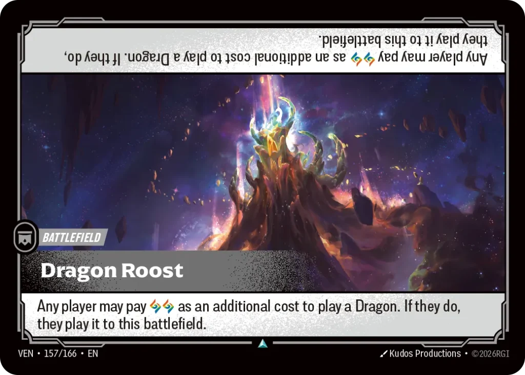 Karta Riftbound: Dragon Roost — Battlefield, kolor Colorless, dodatek Vendetta. Ilustracja: Kudos Productions. Opis karty: Any player may pay as an additional cost to play a Dragon. If they do, they play it to this battlefield.