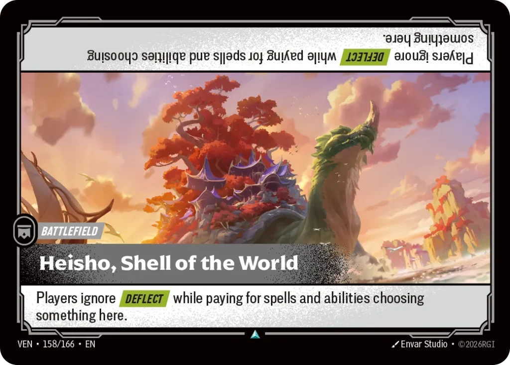Karta Riftbound: Heisho, Shell of the World — Battlefield, kolor Colorless, dodatek Vendetta. Ilustracja: Envar Studio. Opis karty: Players ignore Deflect while paying for spells and abilities choosing something here.