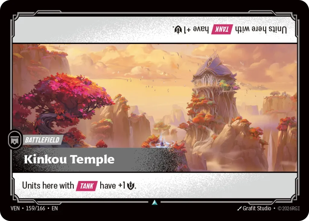 Karta Riftbound: Kinkou Temple — Battlefield, kolor Colorless, dodatek Vendetta. Ilustracja: Grafit Studio. Opis karty: Units here with Tank have +1 💪.