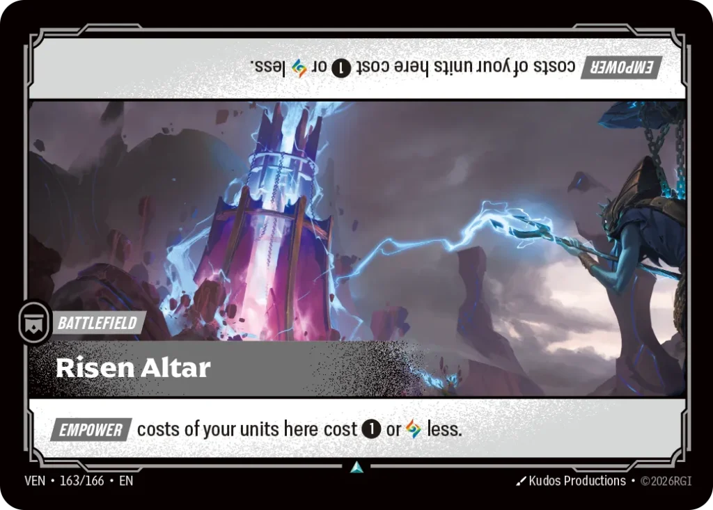 Karta Riftbound: Risen Altar — Battlefield, kolor Colorless, dodatek Vendetta. Ilustracja: Kudos Productions. Opis karty: Empower costs of your units here cost 1⚡ or less.