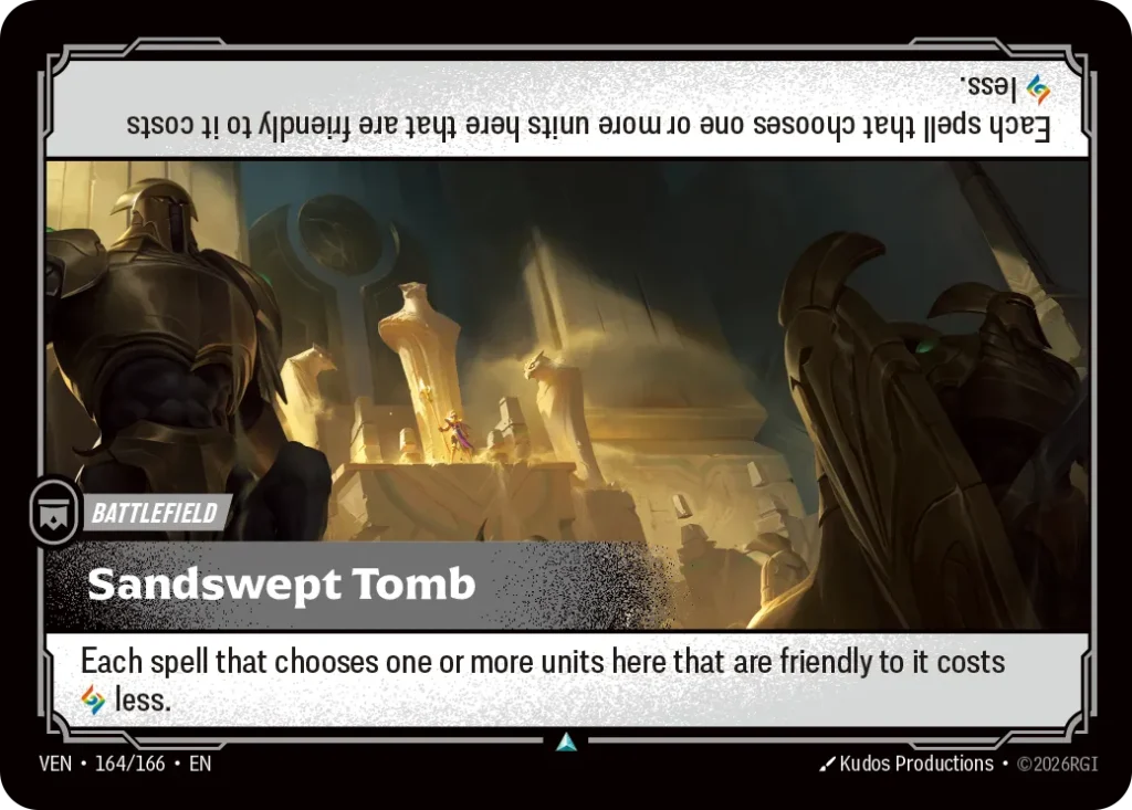 Karta Riftbound: Sandswept Tomb — Battlefield, kolor Colorless, dodatek Vendetta. Ilustracja: Kudos Productions. Opis karty: Each spell that chooses one or more units here that are friendly to it costs less.