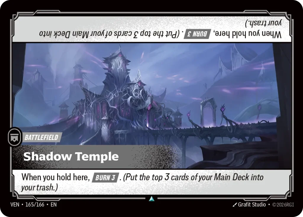 Karta Riftbound: Shadow Temple — Battlefield, kolor Colorless, dodatek Vendetta. Ilustracja: Grafit Studio. Opis karty: When you hold here, Burn 3 . (Put the top 3 cards of your Main Deck into your trash.)