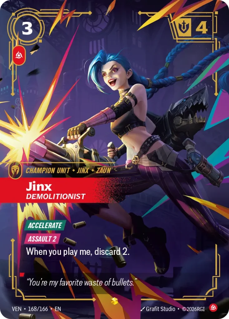 Karta Riftbound: Jinx, Demolitionist (Overnumbered) — Unit, kolor Fury, dodatek Vendetta. Ilustracja: Grafit Studio. Opis karty: Accelerate Assault 2 When you play me, discard 2.