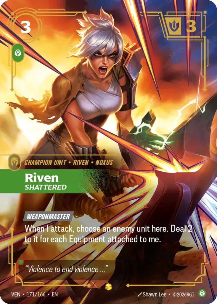 Karta Riftbound: Riven, Shattered — Unit, kolor Calm, dodatek Vendetta. Ilustracja: Shawn Lee. Opis karty: Weaponmaster When I attack, choose an enemy unit here. Deal 2 to it for each Equipment attached to me.