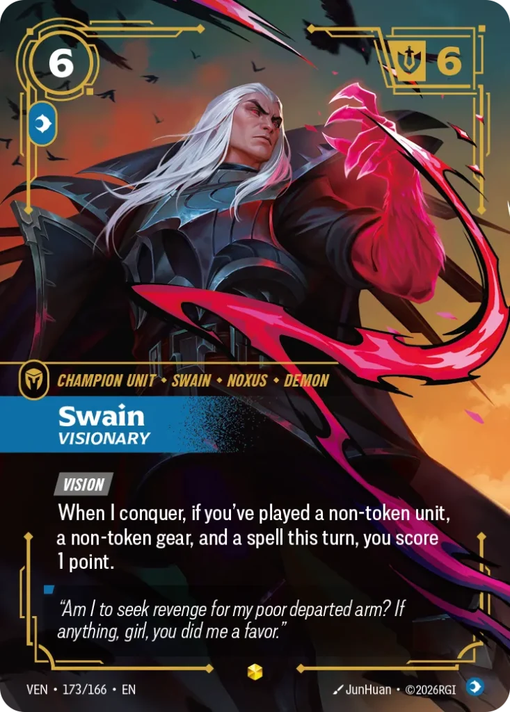 Karta Riftbound: Swain, Visionary — Unit, kolor Mind, dodatek Vendetta. Ilustracja: JunHuan. Opis karty: Vision When I conquer, if you've played a non-token unit, a non-token gear, and a spell this turn, you score 1 point.