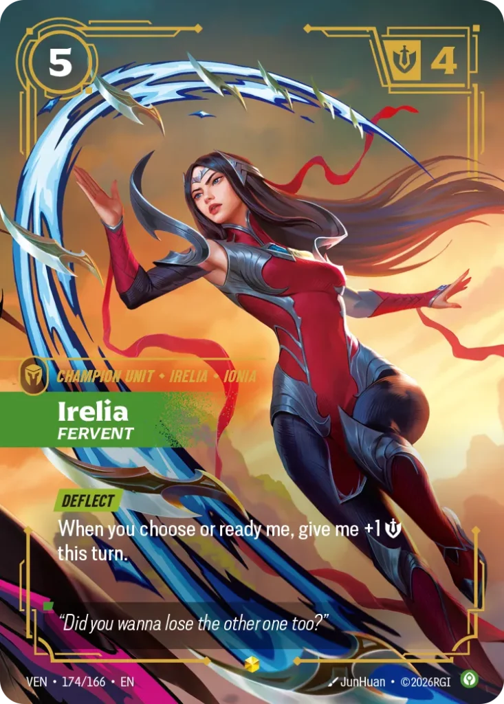 Karta Riftbound: Irelia, Fervent — Unit, kolor Calm, dodatek Vendetta. Ilustracja: JunHuan. Opis karty: Deflect When you choose or ready me, give me +1 💪 this turn.