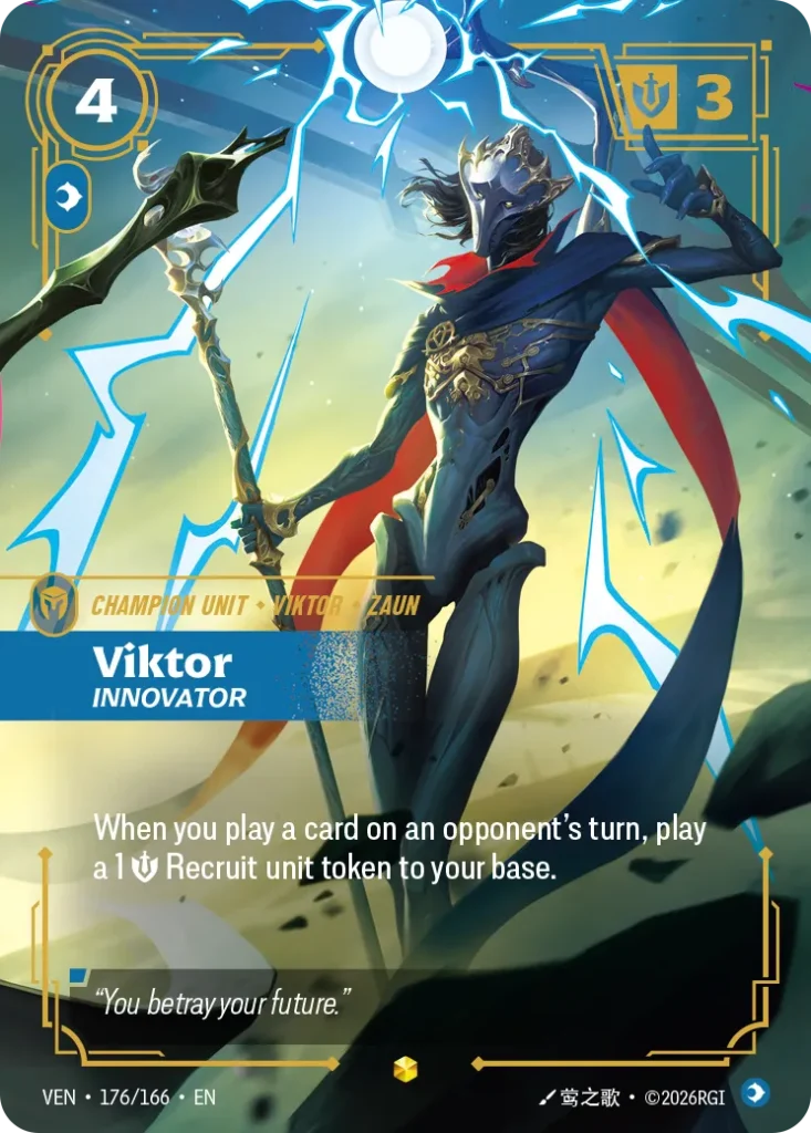 Karta Riftbound: Viktor, Innovator — Unit, kolor Mind, dodatek Vendetta. Ilustracja: 莺之歌. Opis karty: When you play a card on an opponent's turn, play a 1 💪 Recruit unit token to your base.