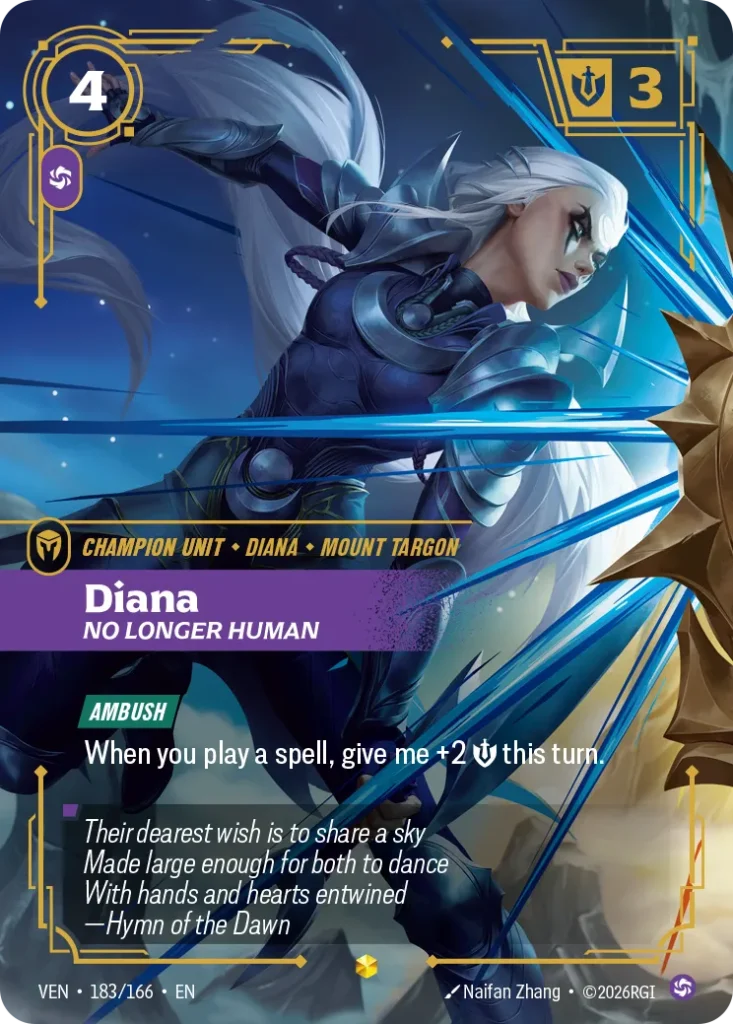 Karta Riftbound: Diana, No Longer Human — Unit, kolor Chaos, dodatek Vendetta. Ilustracja: Naifan Zhang. Opis karty: Ambush When you play a spell, give me +2 💪 this turn.