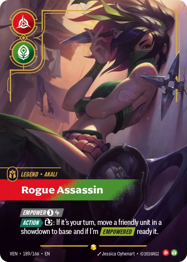 Karta Riftbound: Akali - Rogue Assassin (Overnumbered) — Legend, kolor Fury/Calm, dodatek Vendetta. Ilustracja: Jessica Oyhenart. Opis karty: Empower 3⚡ Action > : If it's your turn, move a friendly unit in a showdown to base and if I'm 