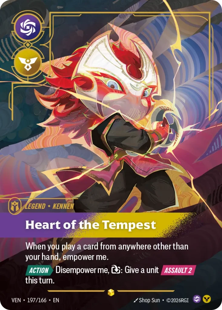 Karta Riftbound: Yordle, Kennen - Heart of the Tempest (Overnumbered) — Legend, kolor Order/Chaos, dodatek Vendetta. Ilustracja: Shop Sun. Opis karty: When you play a card from anywhere other than your hand, empower me. Action > Disempow