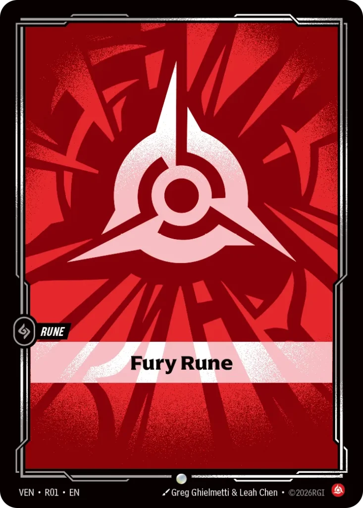 Karta Riftbound: Fury Rune — Rune, kolor Fury, dodatek Vendetta. Ilustracja: Greg Ghielmetti & Leah Chen. Opis karty: NO TEXT