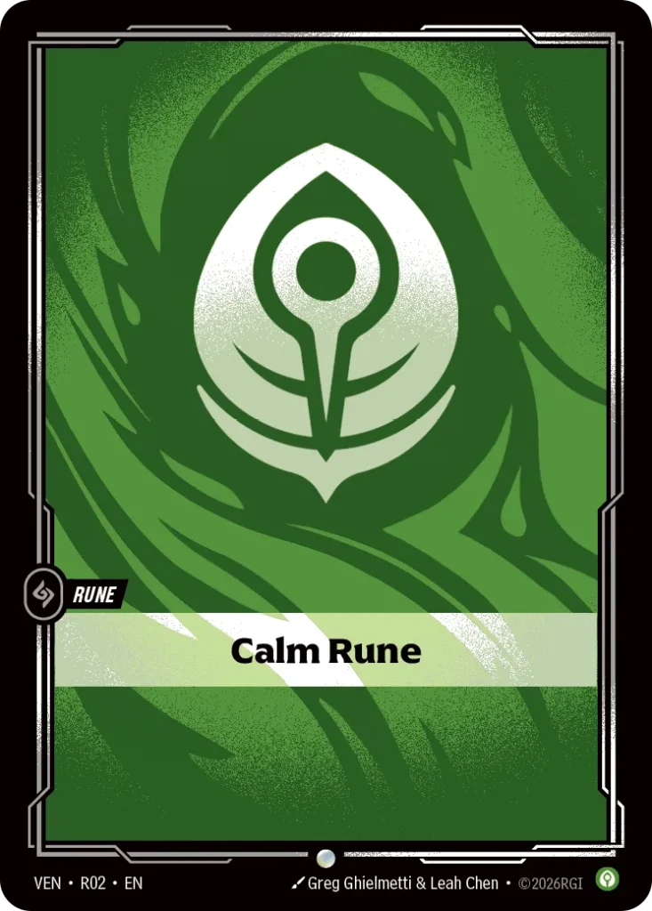 Karta Riftbound: Calm Rune — Rune, kolor Calm, dodatek Vendetta. Ilustracja: Greg Ghielmetti & Leah Chen. Opis karty: NO TEXT