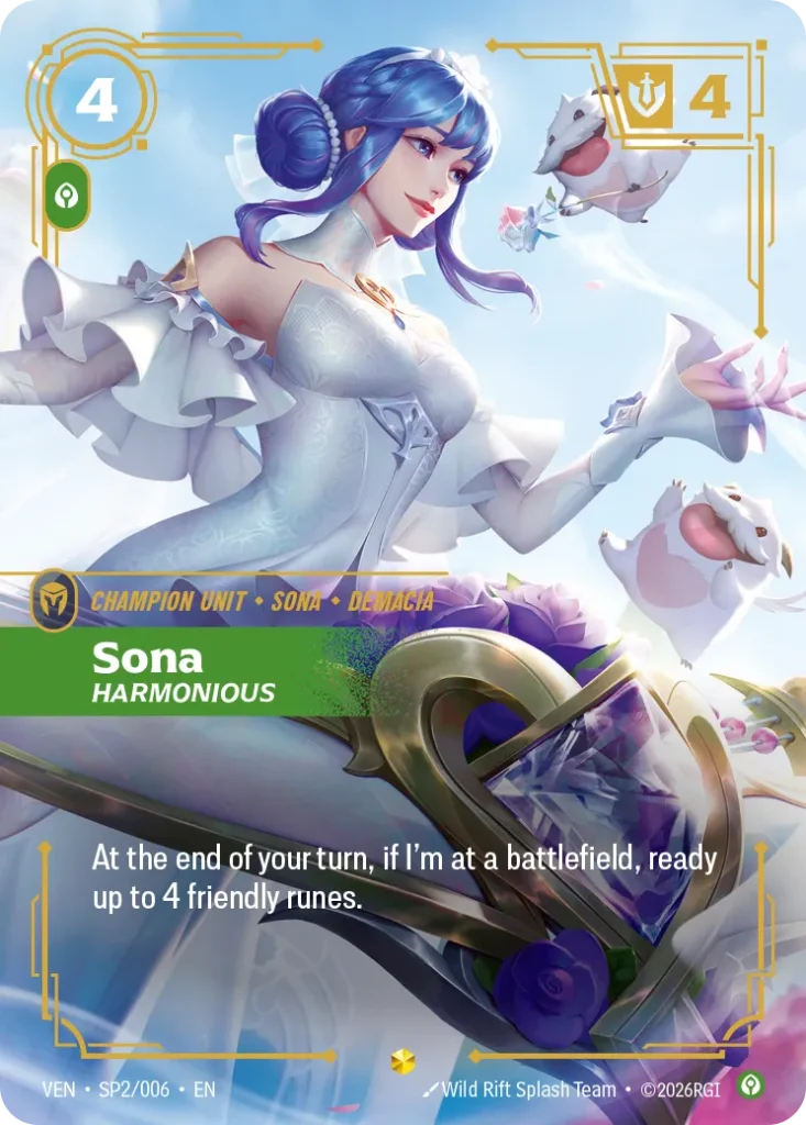 Karta Riftbound: Sona, Harmonious — Unit, kolor Calm, dodatek Vendetta. Ilustracja: Wild Rift Splash Team. Opis karty: At the end of your turn, if I'm at a battlefield, ready up to 4 friendly runes.