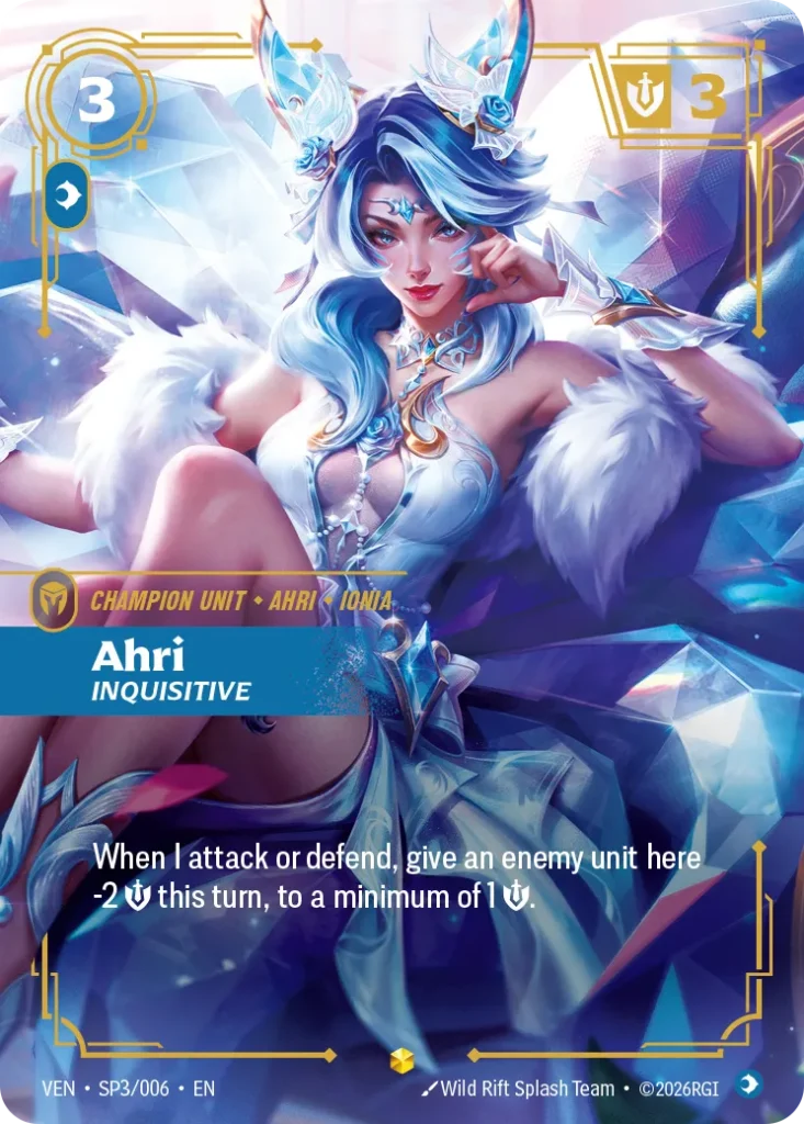 Karta Riftbound: Ahri, Inquisitive — Unit, kolor Mind, dodatek Vendetta. Ilustracja: Wild Rift Splash Team. Opis karty: When I attack or defend, give an enemy unit here -2 💪 this turn, to a minimum of 1 💪.