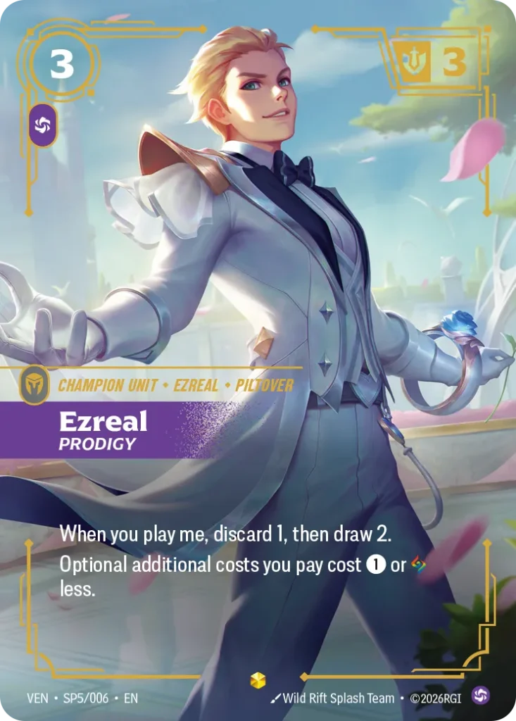 Karta Riftbound: Ezreal, Prodigy — Unit, kolor Chaos, dodatek Vendetta. Ilustracja: Wild Rift Splash Team. Opis karty: When you play me, discard 1, then draw 2.Optional additional costs you pay cost 1⚡ or less.